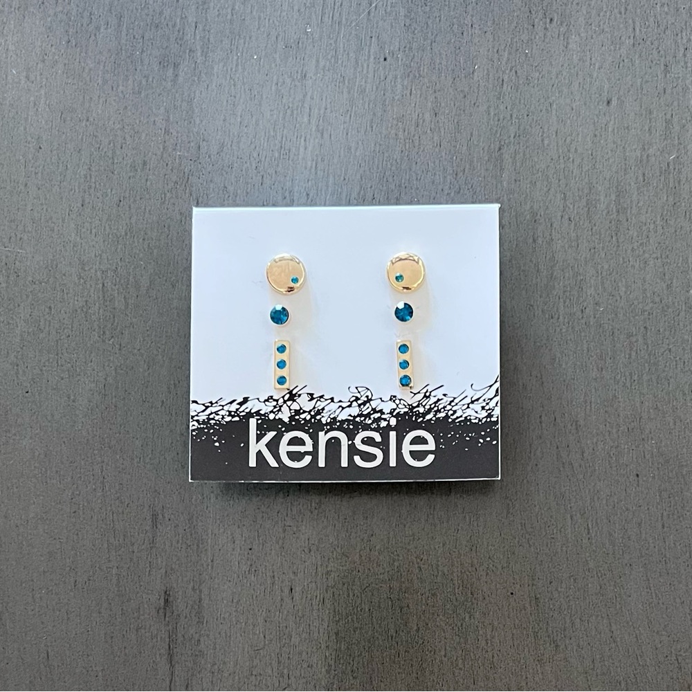 Turquoise Blue Bright Rhinestone Gold Kensie Set 3 Pair Post Stud Small Earrings